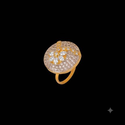 Large circular brass statement finger ring featuring gold and white dual-tone plating worn on a woman's & Girl's hand