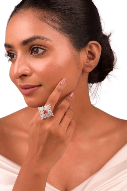 Dual-Tone Square CZ Statement Ring with Red Center Stone