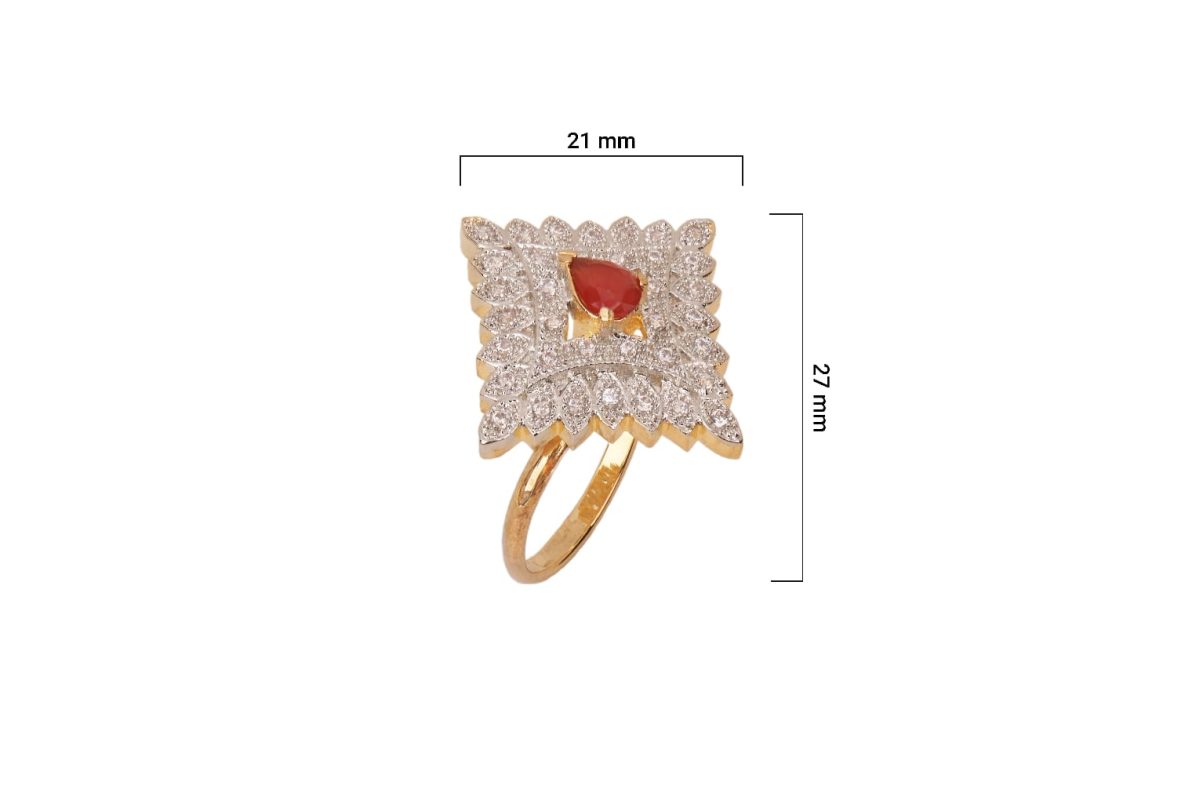 Elevate your ensemble with this striking geometric statement ring. Featuring a vibrant red center stone